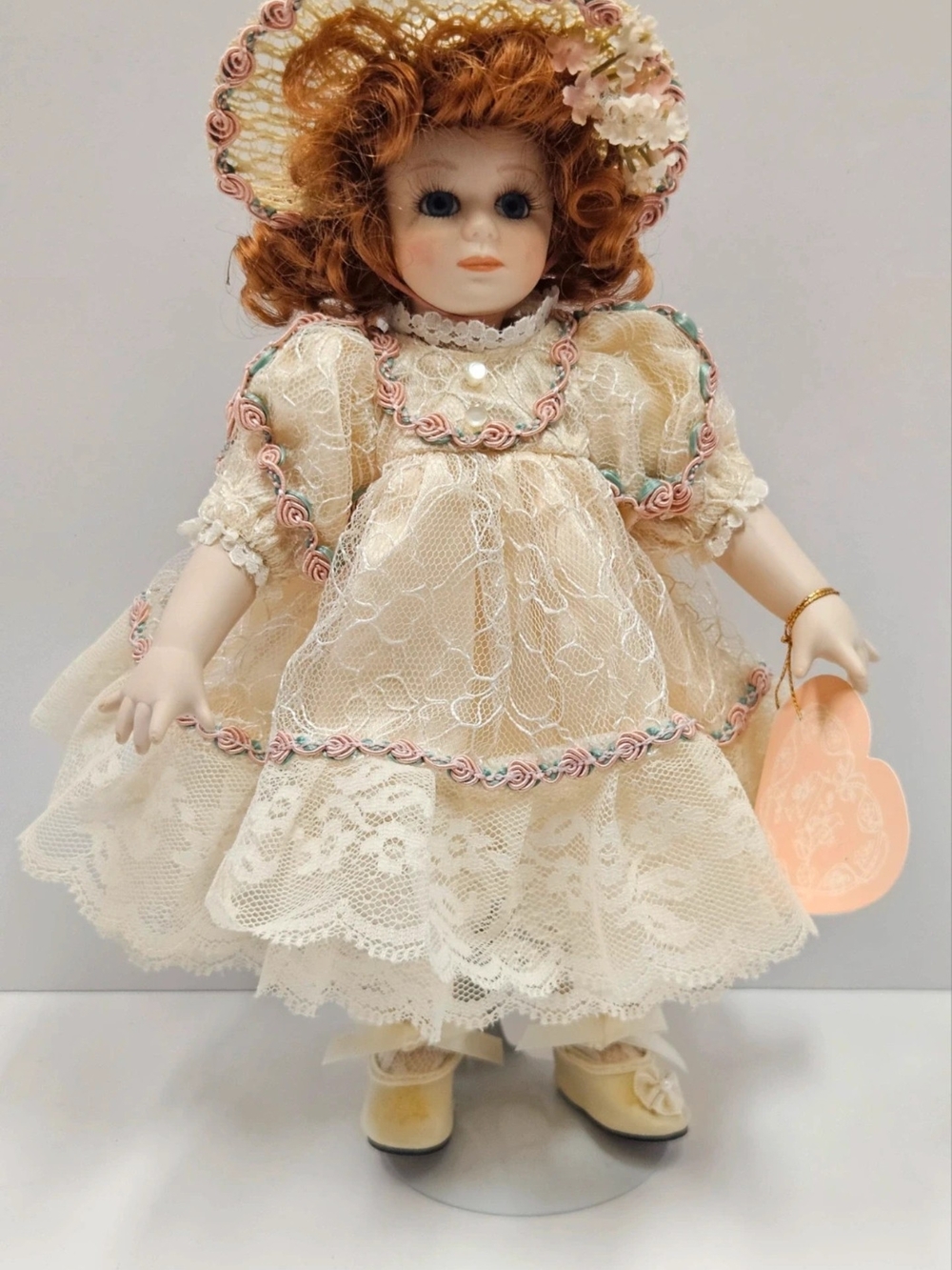 Porcelain Doll in Cream Lace Dress with Pink Trim - Kids Toys